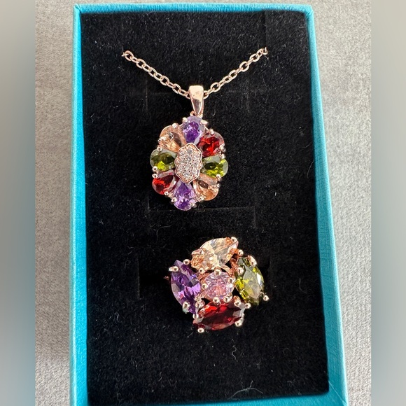 Multicolor Pendant in Plated Rose Gold Necklace & Ring Set - Picture 2 of 11